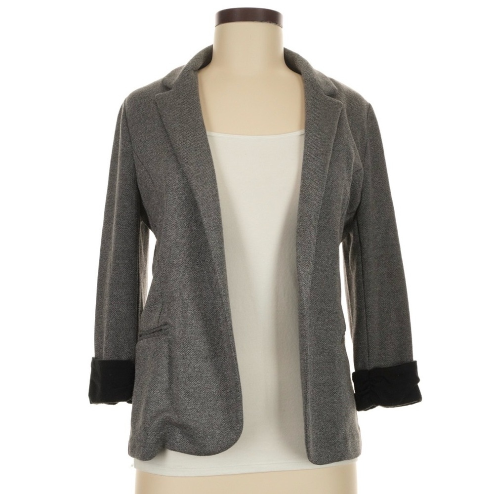 Skies Are Blue Heather Gray Open-Front Blazer with Black Cuff Detail